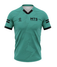 Load image into Gallery viewer, Teal sports jersey with black accents and 'MTS' branding on a white background
