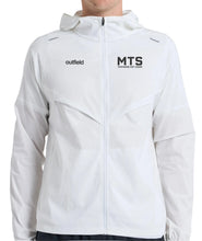 Load image into Gallery viewer, White jacket with 'outfield' and 'MTS' branding on a gray background
